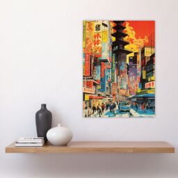 "Artery8 Wall Art Print Downtown Tokyo Street Scene 1960's Orange & Yellow Vibrant Bold Bright Colourful Painting Poster - Size: W24"" x H32""" - thumbnail 4
