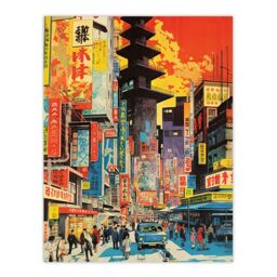 "Artery8 Wall Art Print Downtown Tokyo Street Scene 1960's Orange & Yellow Vibrant Bold Bright Colourful Painting Poster - Size: W24"" x H32""" - thumbnail 1