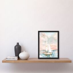 "Artery8 Sailboat Early Morning Seascape Watercolour Framed Art Print in Pink - Size: W12"" x H16""" - thumbnail 4