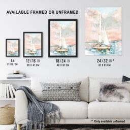 "Artery8 Sailboat Early Morning Seascape Watercolour Framed Art Print in Pink - Size: W12"" x H16""" - thumbnail 3