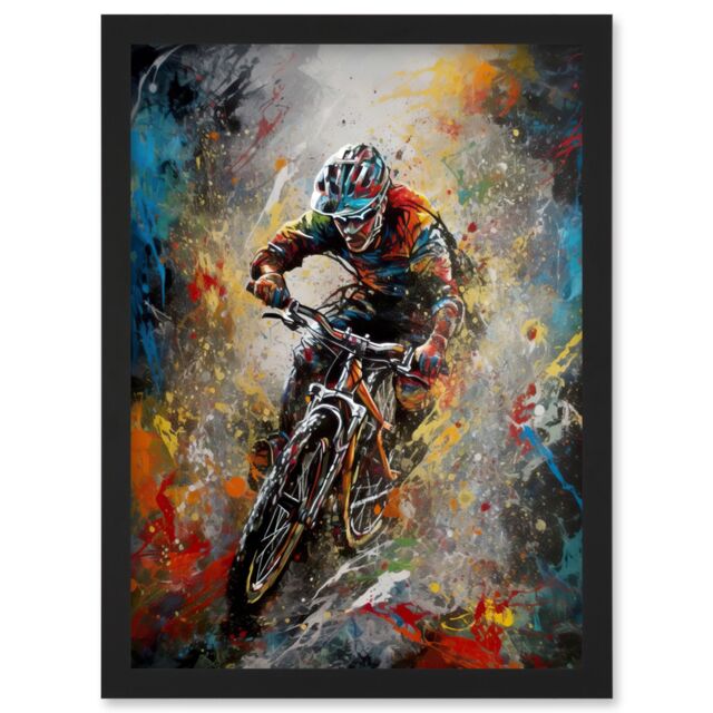 Artery8 Mountain Biker Paint Splat Action Shot Portrait Artwork Framed Wall Art Print A4 in Black - image 1