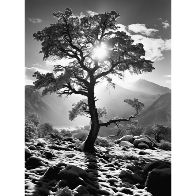 Artery8 Wall Art Print Frozen Tree Outline in Mountain Forest Landscape Covered in Snow Black & White Photograph Winter Sunshine Poster - image 1