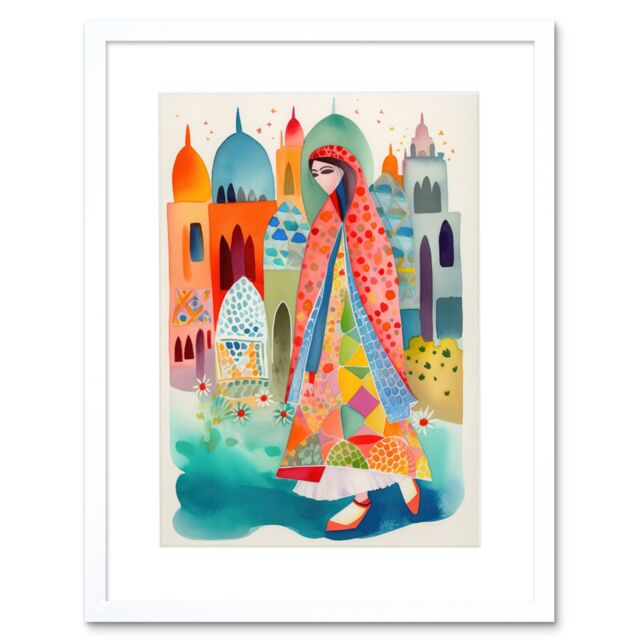"Artery8 Wall Art Print Hijab Muslim Woman with Buildings Folk Artwork Framed 9X7 Inch in White - Size: W7"" x H9""" - image 1