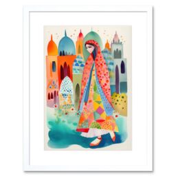 "Artery8 Wall Art Print Hijab Muslim Woman with Buildings Folk Artwork Framed 9X7 Inch in White - Size: W7"" x H9""" - thumbnail 1