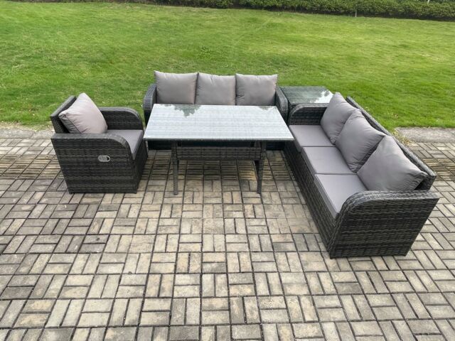 Fimous 7 Seater Rattan Garden Furniture Set Oblong Rectangular Dining Table & Chairs Set with 3 Seater Sofa Side Tables Dark Grey Mixed - image 1