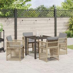 Berkfield Home 5 Piece Garden Dining Set with Cushions Beige Poly Rattan - thumbnail 4