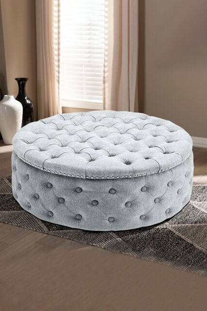 Living and Home Tufted Round Cocktail Footstool in Grey - image 1