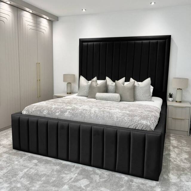 UK Bed Furniture Hampton Upholstered Bed Frame with 54-Inch Headboard - Slatted Base in Black - Size: Super King - image 1