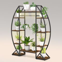 Gymax Indoor Plant Stand With Grow Lights 10-Tier Corner Metal Plant Shelf in Brown - thumbnail 3