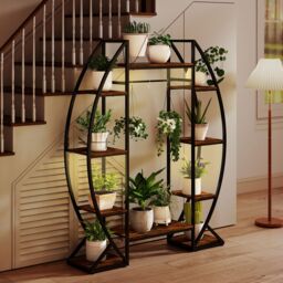Gymax Indoor Plant Stand With Grow Lights 10-Tier Corner Metal Plant Shelf in Brown - thumbnail 7