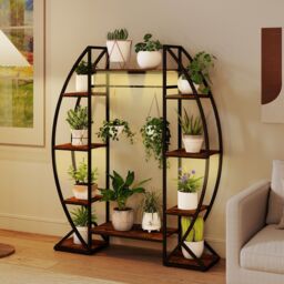 Gymax Indoor Plant Stand With Grow Lights 10-Tier Corner Metal Plant Shelf in Brown - thumbnail 4