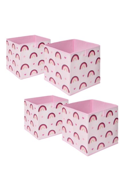 OHS Pack of 4 x Rainbow Print Cube Storage Boxes in Light Pink - image 1