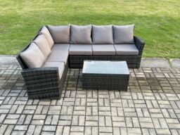 Fimous 6 Seater High Back Rattan Garden Furniture Set Corner Sofa With Rectangular Coffee Table in Dark Grey - thumbnail 2