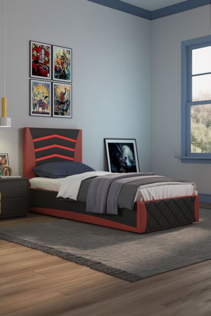 SlumberWorx Galaxy Ottoman Storage LED Headboard Gaming Single Black Bed Frame in Red - image 1