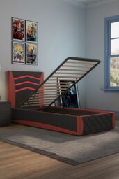 SlumberWorx Galaxy Ottoman Storage LED Headboard Gaming Single Black Bed Frame in Red - thumbnail 3