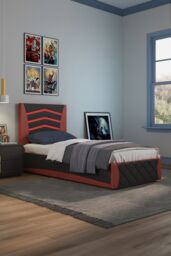 SlumberWorx Galaxy Ottoman Storage LED Headboard Gaming Single Black Bed Frame in Red - thumbnail 1