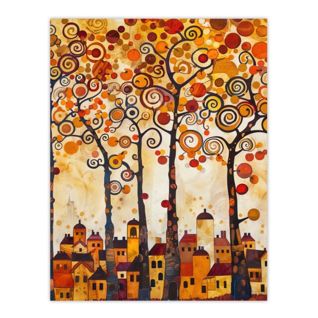 "Artery8 Tangerine Trees Town Painting Autumnal Colours Wall Art Print in Orange - Size: W18"" x H24""" - image 1