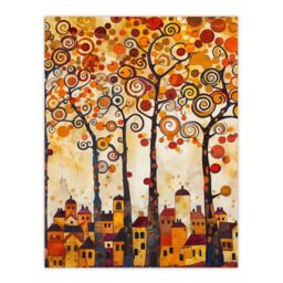 "Artery8 Tangerine Trees Town Painting Autumnal Colours Wall Art Print in Orange - Size: W18"" x H24""" - thumbnail 1