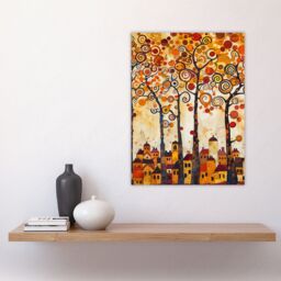 "Artery8 Tangerine Trees Town Painting Autumnal Colours Wall Art Print in Orange - Size: W18"" x H24""" - thumbnail 4