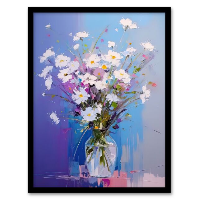 Artery8 Wall Art Print White Daisy Bouquet in Vase Painting Pastel Purple Blue Framed Art - Size: A4 - image 1