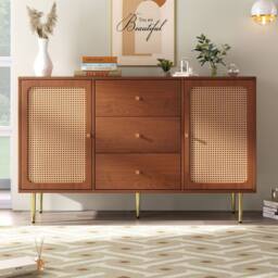 Merax Walnut Rattan Sideboard With Adjustable Shelves & Drawers in Brown - thumbnail 5