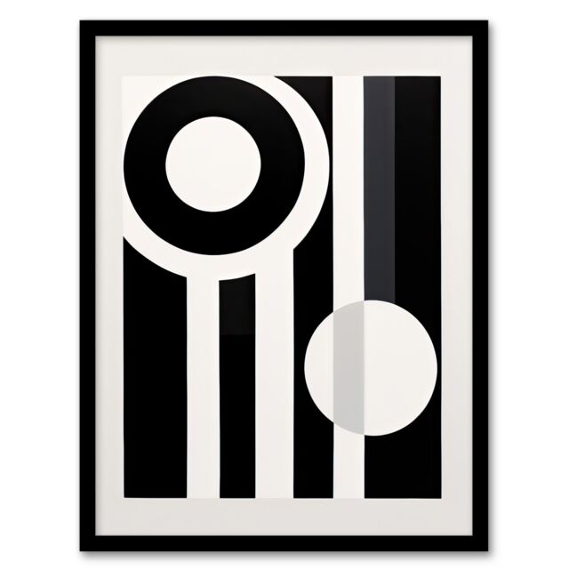 Artery8 Wall Art Print Abstract Geometric Black White Minimalist Circles Stripes Framed Art - Size: A4 - image 1