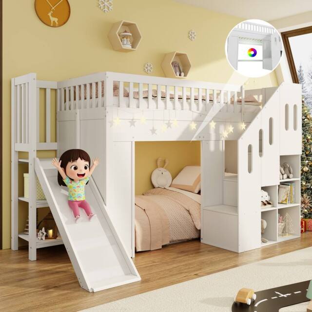 Matteo Multifunctional Children's Loft Bunk Bed with Slide & Storage in White - Size: Single - image 1
