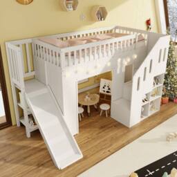 Matteo Multifunctional Children's Loft Bunk Bed with Slide & Storage in White - Size: Single - thumbnail 4