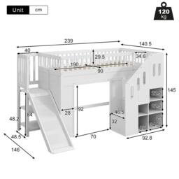 Matteo Multifunctional Children's Loft Bunk Bed with Slide & Storage in White - Size: Single - thumbnail 9
