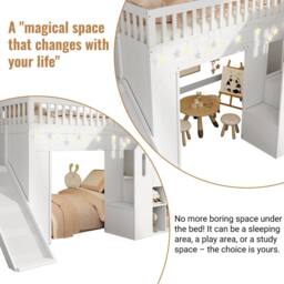 Matteo Multifunctional Children's Loft Bunk Bed with Slide & Storage in White - Size: Single - thumbnail 6
