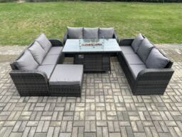 Fimous Rattan Furniture Garden Dining Set Gas Fire Pit Table With 3 Seater Sofa Footstool Dark Grey Mixed - thumbnail 1