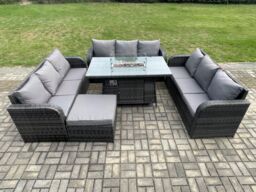 Fimous Rattan Furniture Garden Dining Set Gas Fire Pit Table With 3 Seater Sofa Footstool Dark Grey Mixed - thumbnail 3