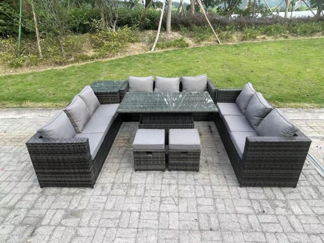Fimous 11 Seater Outdoor Rattan Sofa Set Lounge Adjustable Side Tables Chairs Footstool in Dark Grey - image 1