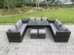 Fimous 11 Seater Outdoor Rattan Sofa Set Lounge Adjustable Side Tables Chairs Footstool in Dark Grey - thumbnail 1