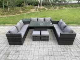 Fimous 11 Seater Outdoor Rattan Sofa Set Lounge Adjustable Side Tables Chairs Footstool in Dark Grey - thumbnail 2