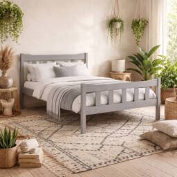 Wyld Haus Tralee Grey Washed Pine King Bed with Panelled Headboard & Footboard