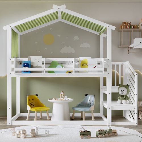 Matteo Bunk bed, Teen Bed, Children's bed MDF + Pinewood + Plywood, Decorative Canopy, Corner Staircase in White - Size: Double - image 1