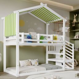 Matteo Bunk bed, Teen Bed, Children's bed MDF + Pinewood + Plywood, Decorative Canopy, Corner Staircase in White - Size: Double - thumbnail 3