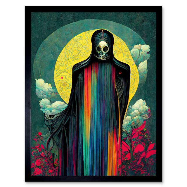 "Artery8 Wall Art Print Death Tarot Card Skull Full Moon Art Framed in Black - Size: W12"" x H16""" - image 1