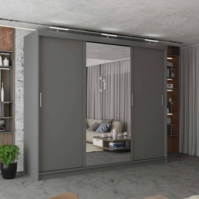 MN Furniture Modern 3 Door Sliding Wardrobe with LED, Mirror & Drawers 250cm in Grey - image 1