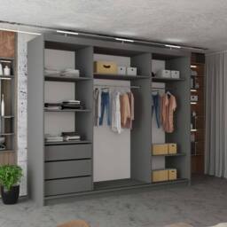 MN Furniture Modern 3 Door Sliding Wardrobe with LED, Mirror & Drawers 250cm in Grey - thumbnail 4