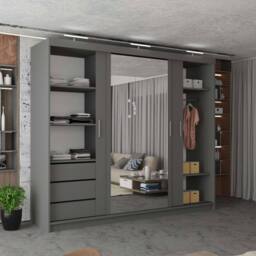 MN Furniture Modern 3 Door Sliding Wardrobe with LED, Mirror & Drawers 250cm in Grey - thumbnail 3