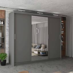 MN Furniture Modern 3 Door Sliding Wardrobe with LED, Mirror & Drawers 250cm in Grey - thumbnail 1