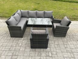 Fimous Rattan Garden Furniture Corner Sofa Set with Oblong Dining Table 2 Armchairs 8 Seater Outdoor Rattan Set in Dark Grey - thumbnail 2