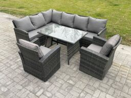 Fimous Rattan Garden Furniture Corner Sofa Set with Oblong Dining Table 2 Armchairs 8 Seater Outdoor Rattan Set in Dark Grey - thumbnail 1