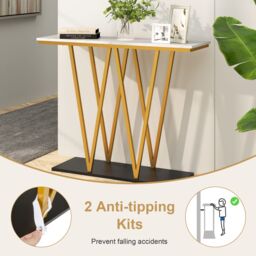 Costway Console Table 100cm Extra Long Entry Table w/ Faux Marble Top in White - thumbnail 3