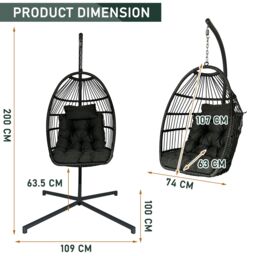 FURNITURE ONE Hanging Egg Chair, Patio Rattan Swing Egg Chair With Cushion in Grey - Size: 1 Pack - thumbnail 6