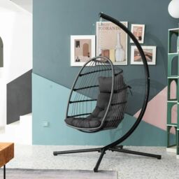 FURNITURE ONE Hanging Egg Chair, Patio Rattan Swing Egg Chair With Cushion in Grey - Size: 1 Pack - thumbnail 3