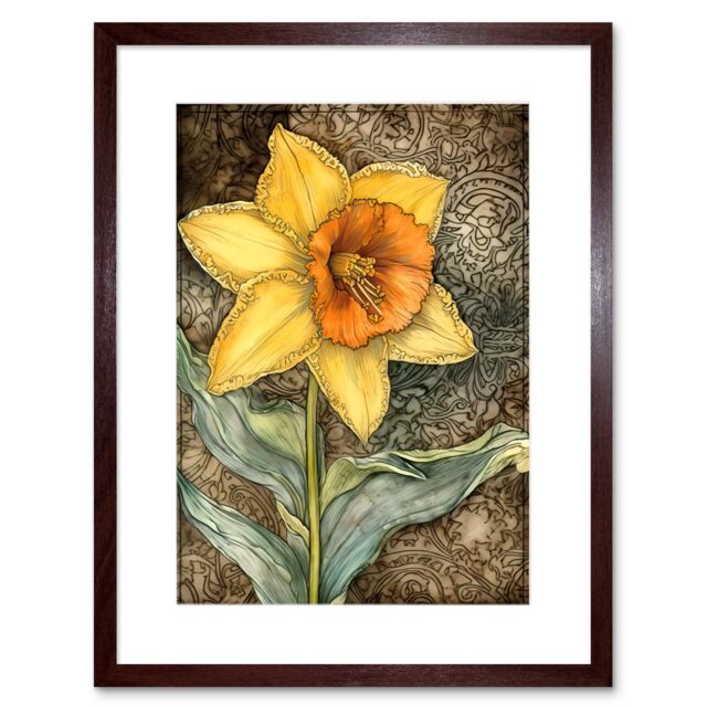 "Artery8 Wall Art Print Detailed Daffodil Flower Watercolour Art Nouveau Artwork Framed 9X7 Inch in Brown - Size: W7"" x H9""" - image 1