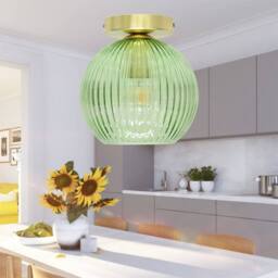 First Choice Lighting Betchley - Green Ribbed Glass Globe Satin Brass Ceiling Light Fitting - thumbnail 4